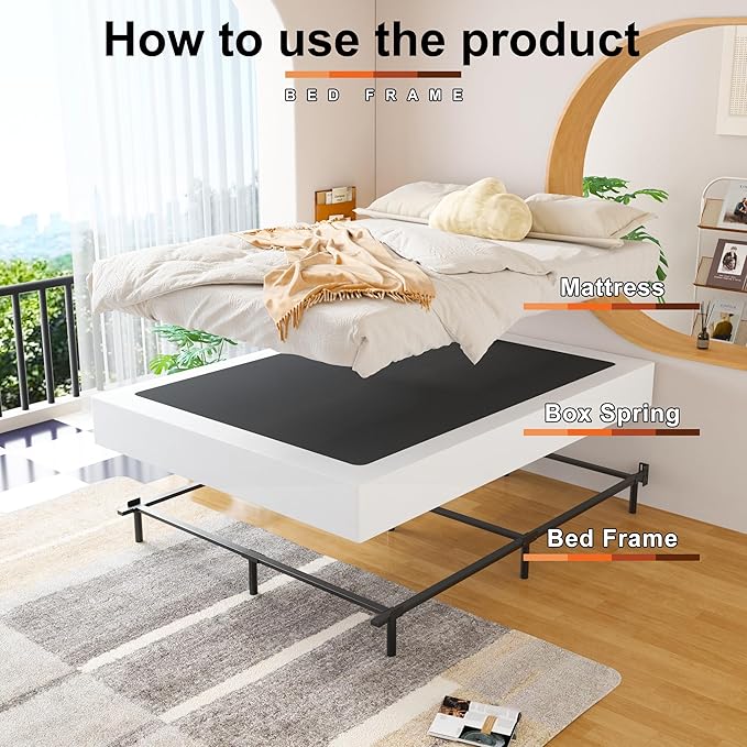 EMODA 8 Inch Queen Box Spring Bed Base, 3000 LBS Heavy Duty Metal Mattress Foundation with Fabric Cover, Easy Assembly