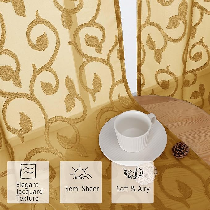 Furman Cafe Curtains 24 Inch Length 2 Panels Set, Elegant Geometric Jacquard - Image 2