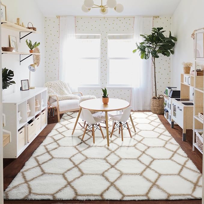 7x9 Area Rugs for Living Room Bedroom, Fluffy White and Beige Geometric Rug | - Image 9