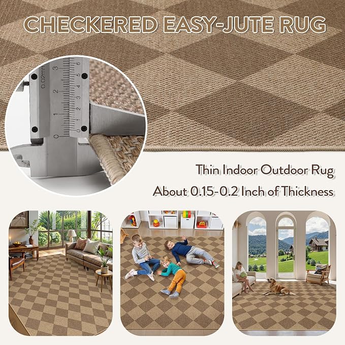 Lahome Checkered Easy Jute Dining Room Rug, 9x12 Outdoor Area Rugs Washable | - Image 6
