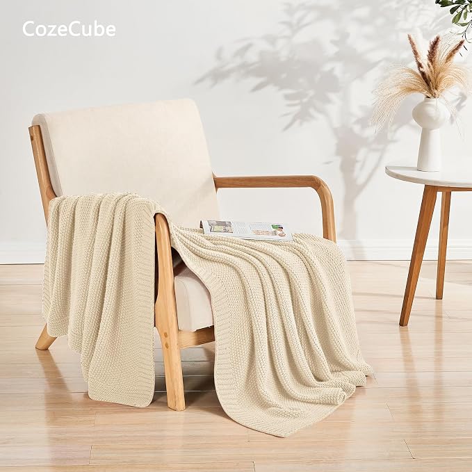 CozeCube Light Beige Seed Stitch Throw Blanket 50"x60", Farmhouse Decor | - Image 2