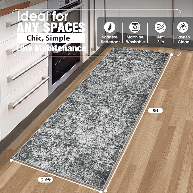Aelenmu Runner Rugs for Hallways Kitchen 2.6x8 Non Slip Washable Black Grey | - Image 2