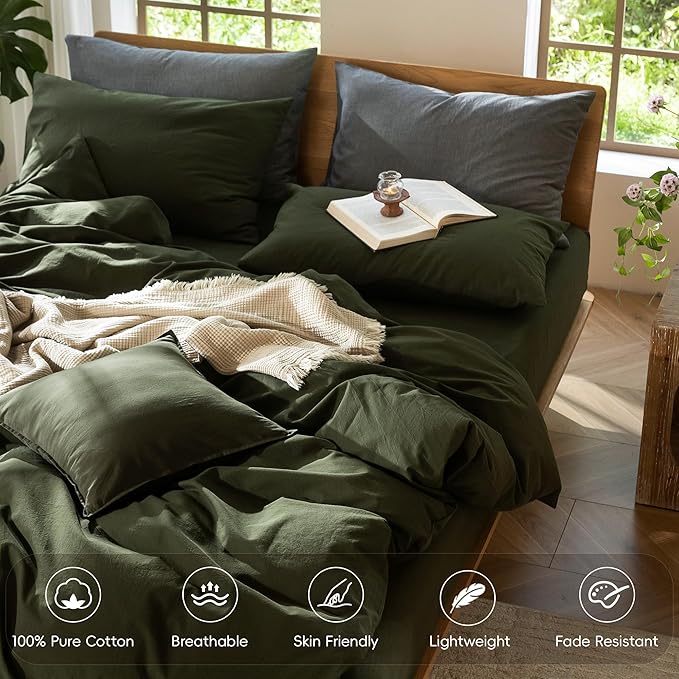 MooMee Bedding Duvet Cover Set 100% Washed Cotton Linen Like Textured Breathable Durable Soft Comfy (Solid Olive Green, Queen 90"x90")