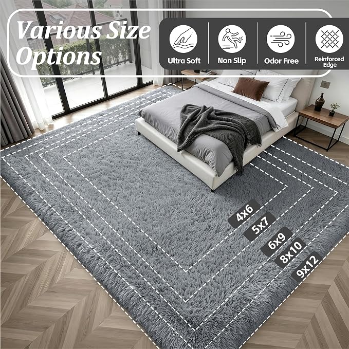 Area Rug Living Room Bedroom: 5x7 Fluffy Plush Shag Carpet Gray | - Image 9