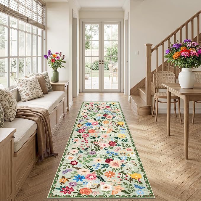 PLHXFR 3x10 Washable Runner Rug：Floral Indoor Kitchen Soft Carpet Green | - Image 3