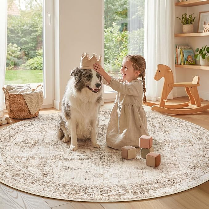 Round Rugs 6ft Washable Rug, Vintage Boho Medallion Rugs Non-Slip Soft Low Pile - Image 2