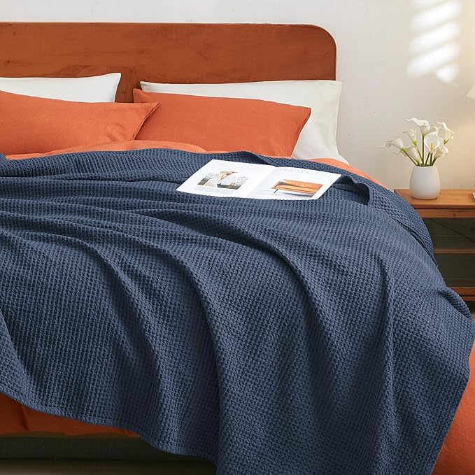 PHF Pre-Washed Cotton Waffle Weave Blanket Throw Size for Bed Couch,Snag Proof Spring Summer Lightweight Breathable,Oeko-TEX Certified,Machine Washable, Home Decor Gift，Dark Navy