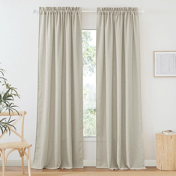 RYB HOME Semi Sheer Curtains Linen Textured Fabric Light and Airy Half Privacy Window Drapes for Bedroom Dining Living Room Office, Angora, 34 inch Wide x 84 inch Long, 2 Panels