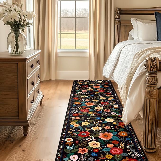 Floral Washable 2x10 Area Rugs Runner Entryway Hallway Black | Flower Carpet - Image 6