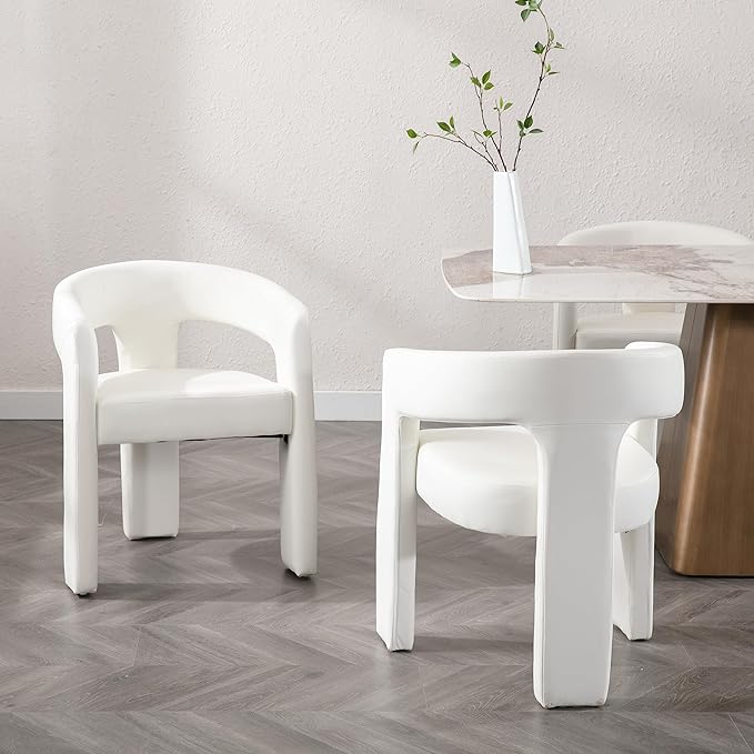 Modern Barrel Dining Chairs Set of 2, PU Leather Upholstered Accent Side Chair with Arms Comfy Makeup Vanity Chairs, Dining Living Room Kitchen Chairs, White