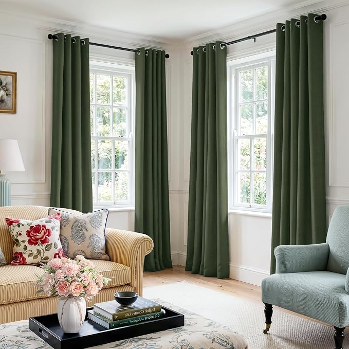 100% Blackout Linen Textured Curtains 84 Inch Long, Loden | 100% Blackout Shield - Image 5