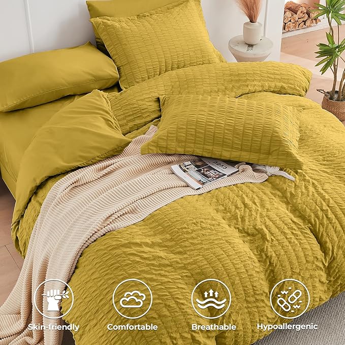 HYMOKEGE Mustard Yellow Twin XL Comforter Set Seersucker 5 Pieces, All Season Luxury Bed in a Bag for Bedroom, Bedding Set with Comforter, Sheets, Pillowcase & Sham