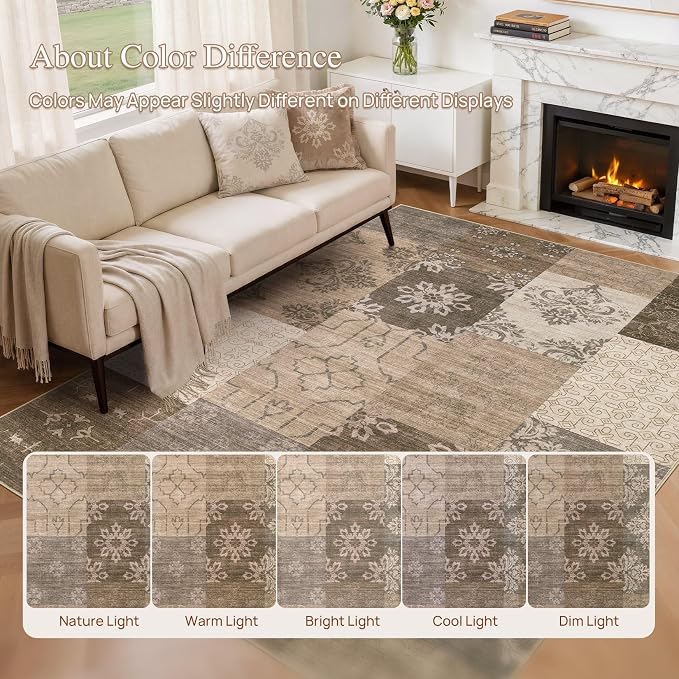 UERMEI 8x10 Area Rug for Living Room, Washable Brown Modern Geometric Patchwork - Image 6