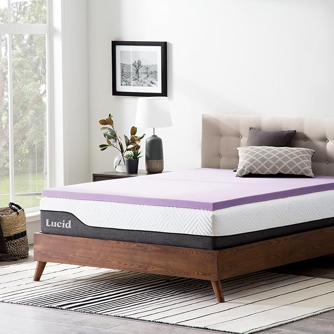 LUCID 2 Inch Lavender Infused Memory Foam Mattress Topper, King Size – Ventilated Design – Pressure Relieving Bed Topper - Mattress Pad – CertiPur Certified