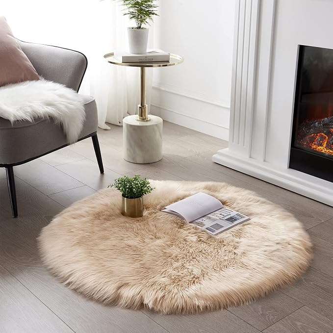 SERISSA 3x3 Fluffy Beige Round Faux Fur Area Rug by SERISSAHomeDecorCollection