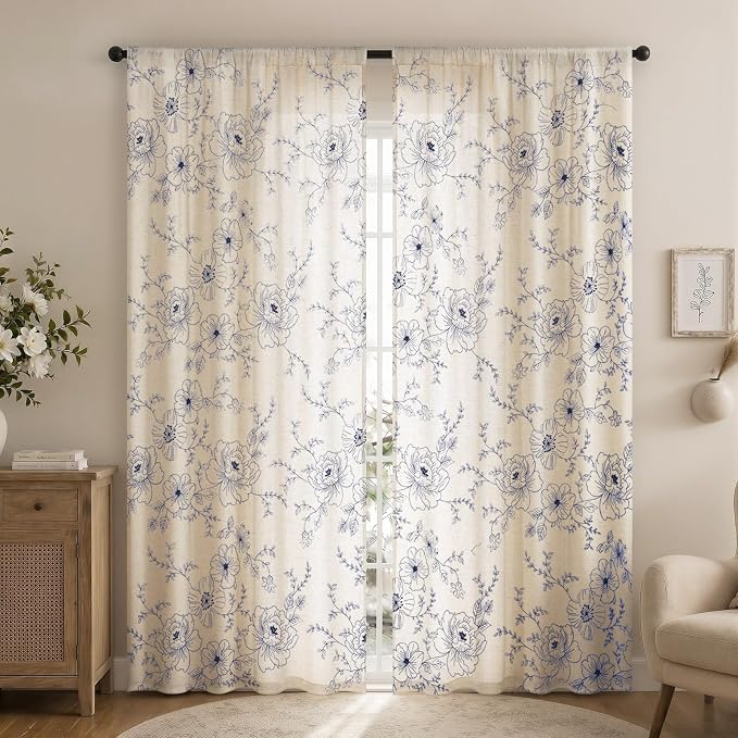 Boho Floral Curtains, Vintage Farmhouse Curtains 84 Inches Long, Dark Blue - Image 2