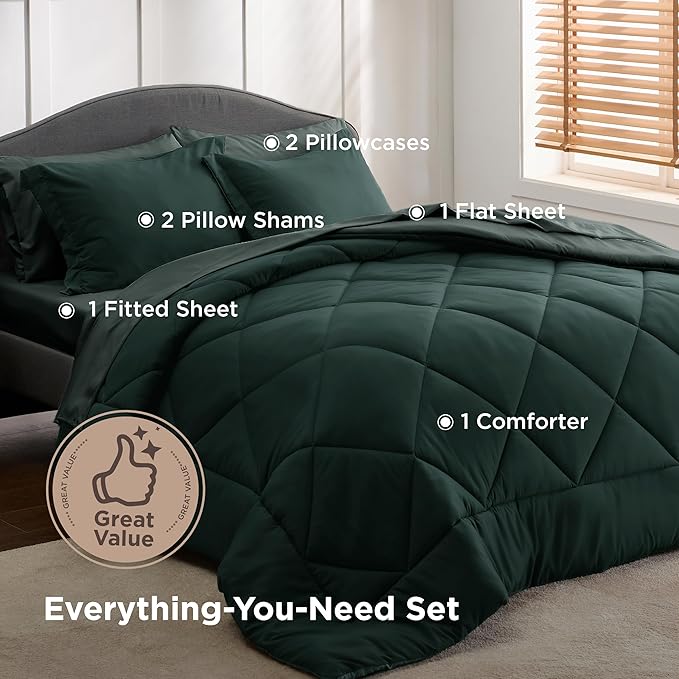 Bedsure King Comforter Set - 7 Pieces Reversible Emerald Green Bedding, King Size Bed Set for All Seasons, Bed in a Bag with Down Alternative Comforter, Sheets, Pillowcases & Shams