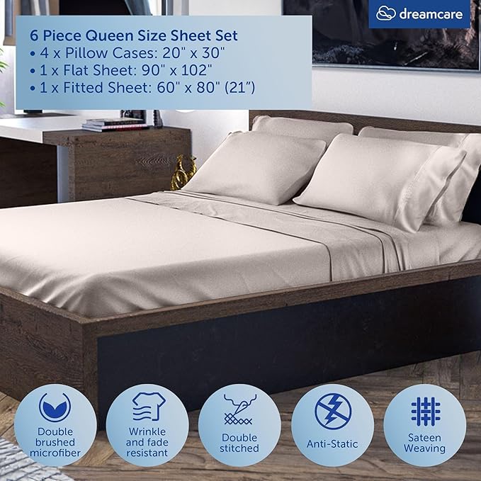 DREAMCARE Queen Sheet Set – 6 pcs Cooling Bed Sheets – up to 21” Deep Pocket Queen Sheets Set – 2500 Supreme Collection – Extra Soft 100% Brushed Microfiber Hotel Luxury with Side Pocket – Beige