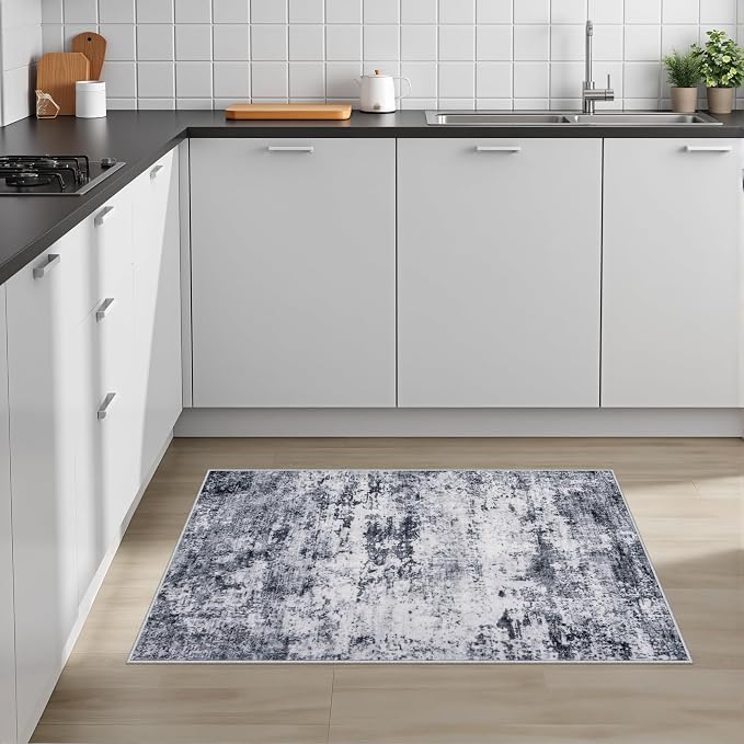 2x3 Washable Entryway Rug: Modern Abstract Indoor Soft Carpet Grey | - Image 3