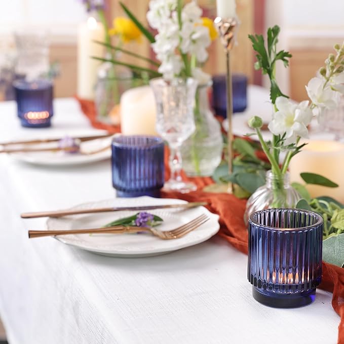 DEVI 8 Pcs Blue Votive Candle Holder for Wedding Centerpieces, Glass Ribbed Tea Light Holder for Wedding Table Decorations, Navy Blue Decor for Party Home Farmhouse Decorations