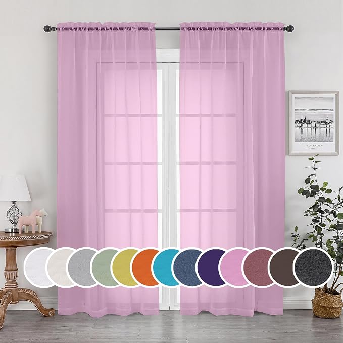 Pink Sheer Curtains 90 Inch Length, Elegant Soft Sheer Curtains by OWENIE
