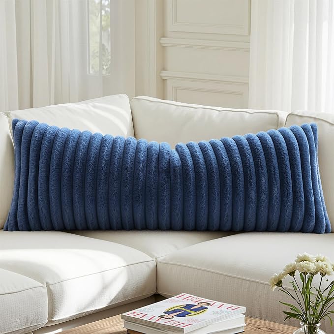 decorUhome Fall Faux Fur Throw Pillow Covers 14x36 Pack of 1 Navy Blue | - Image 6