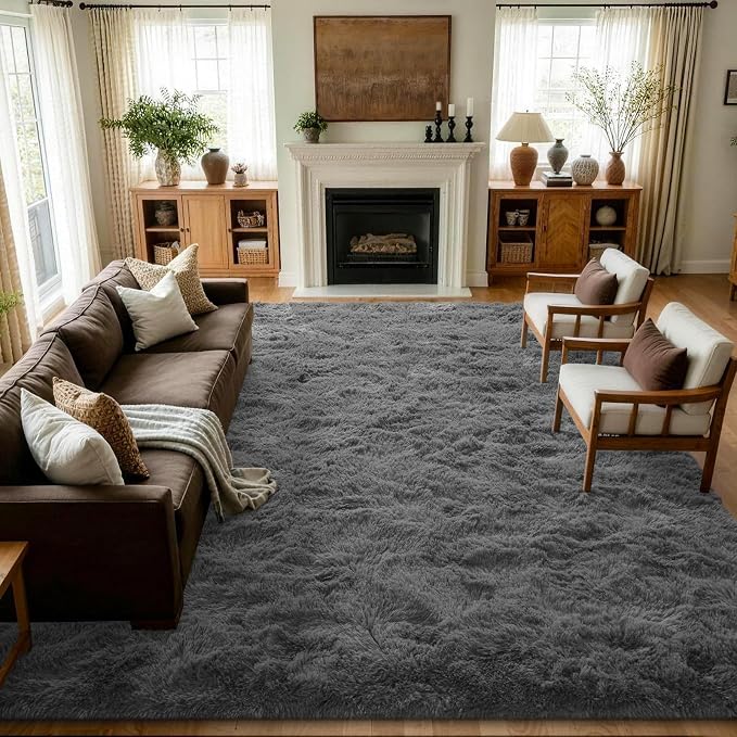 8x10 Extra Large Dark Grey Fluffy Area Rug Non-Slip by ModernHomeDecor