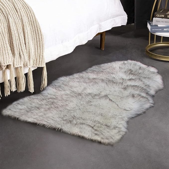 duduta White Black Faux Fur Rug 2x3 ft, Small Shag Bedside Rug Seat Covers | - Image 4