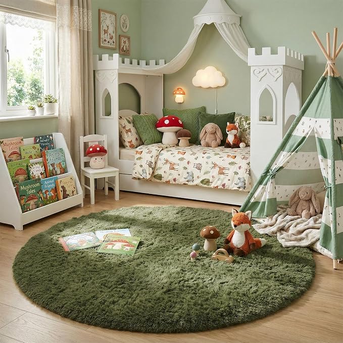 Amdrebio Olive Green Shag Round Area Rug 5Ft - Image 3