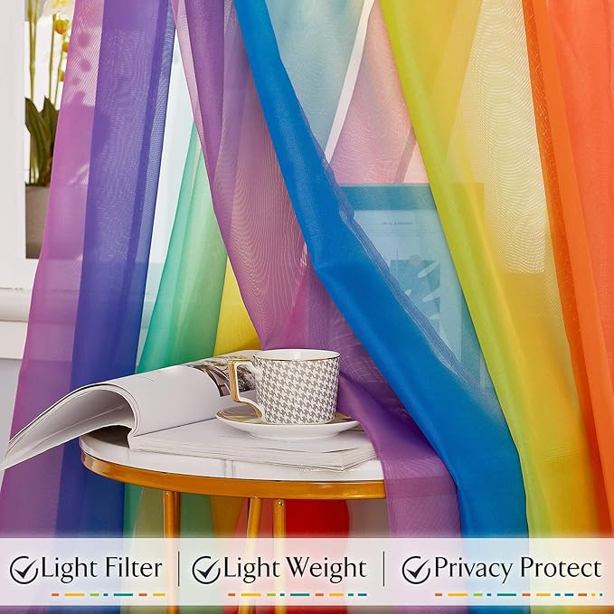 RYB HOME Rainbow Sheer Valance Curtains for Living Room - 2 Panels Bright Window Scarf Valance for Canopy Bed Patio Frame Birthday Party Backdrops Table Runner, W 60 in x L 216 in per Panel, Rainbow