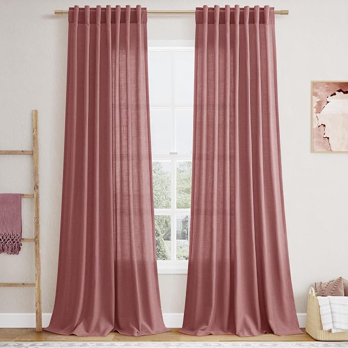 Canyon Rose Linen Curtains 102 Inches Long Rod Pocket Back Tab Drapes 2 Panels by Nanspring