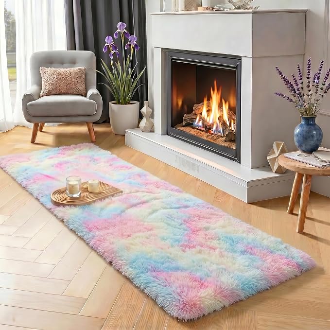 Rainbow Runner Rugs for Girls Bedroom Plush Fluffy Hallway Rug 2x6 Ft | Kawaii by PAGISOFE