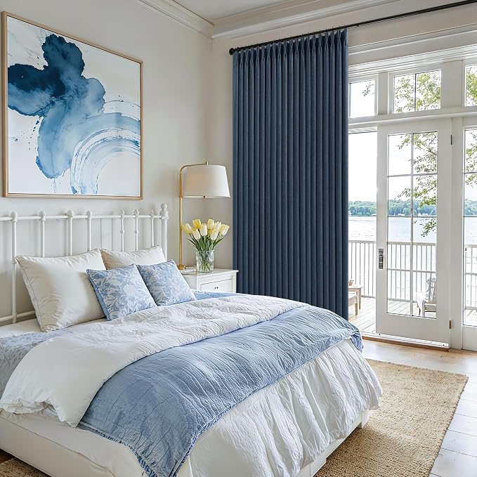 Navy Pinch Pleated Blackout Linen 102 Inch Dual Layer Curtains 2 Panels Set | - Image 8