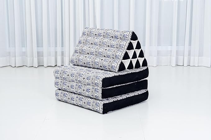 Leewadee - Comfortable Japanese Floor Mattress - Thai Floor Bed with Triangle Cushion - Futon Mattress - Thai Massage Mat, 67 x 21 inches, Blue White, Kapok Filling
