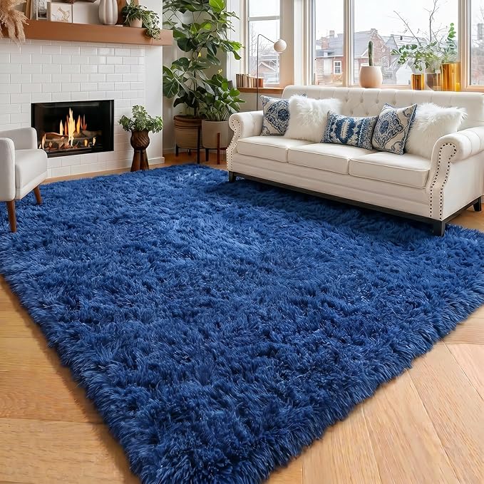 Amdrebio Navy Blue Furry Shaggy Area Rug 5x7 by Amdrebio