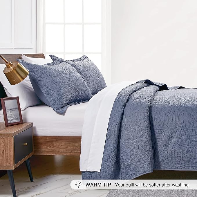 Love's cabin King Size Quilt Set Blue Bedspreads - Soft Bed Summer Lightweight Bedspread Comforter - Modern Style Coin Pattern Coverlet for All Season - 3 Pieces (1 Quilt, 2 Pillow Shams)