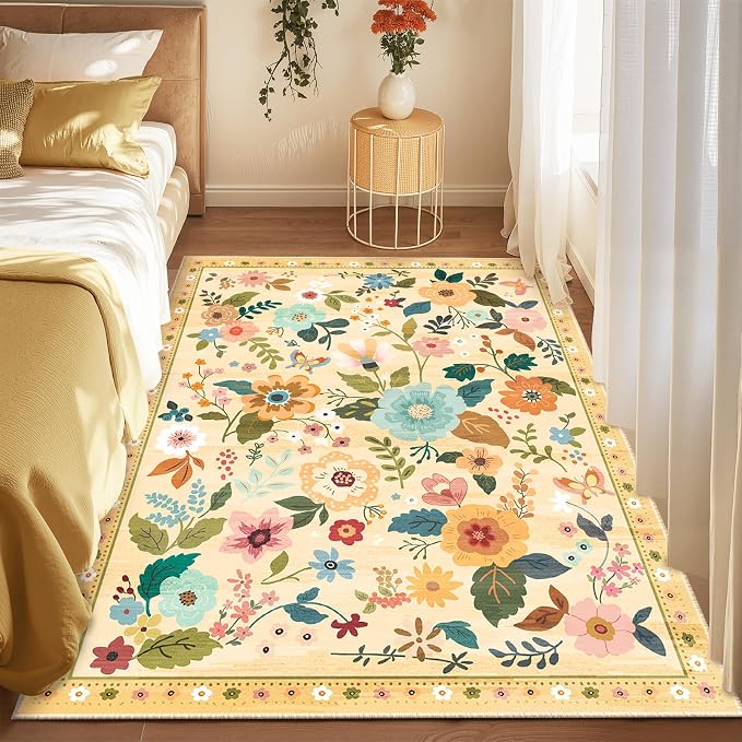 RELEANY Floral Washable 5x7 Area Rugs Ivory/Yellow | Flower Carpet Print Boho - Image 9