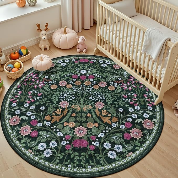 PLHXFR Round Area Rug Living Room: 6 ft Floral Washable Carpet Dark Green | - Image 5