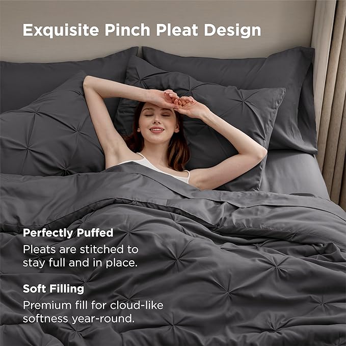 Bedsure Full Comforter Set Dark Grey - Bed in a Bag Full Size Bedding Set 7 Pieces, GentleSoft™ Pintuck Bed Set Gift for Family, Pinch Pleat All Season Comforter with Sheets, Pillowcases & Shams