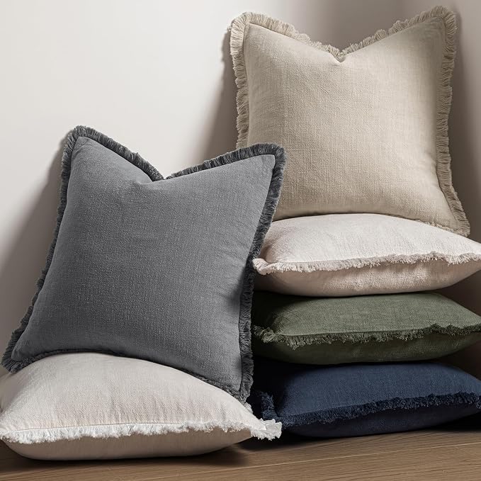 MIULEE Boho Linen Fringe Decorative Throw Pillow Covers Grey 20x20 | Set of 2 - Image 5