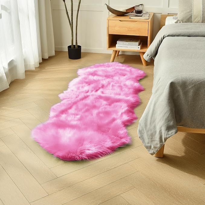 duduta Hot Pink Faux Sheepskin Runner Rugs 2x6 ft, Fluffy Fur Couch Covers | by duduta