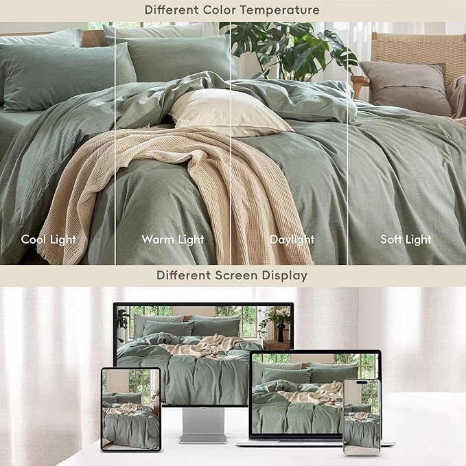 MooMee Bedding Duvet Cover Set 100% Washed Cotton Linen Like Textured Breathable Durable Soft Comfy (Heathered Green, Oversized Queen 98"x98")