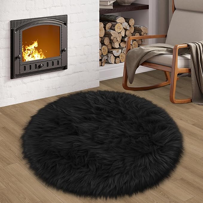 Black Round Rug for Bedroom, Fluffy Circle Rug 3 3 Feet for Kids Room, Furry by TENNOLA