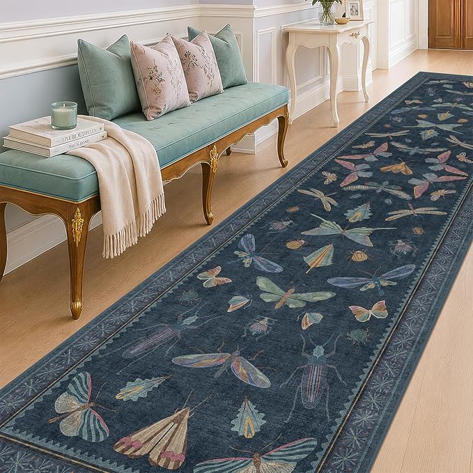 Dark Blue Vintage Hallway Runner Rug 3x12, Washable Non Slip Kitchen Carpet by HazoHaus