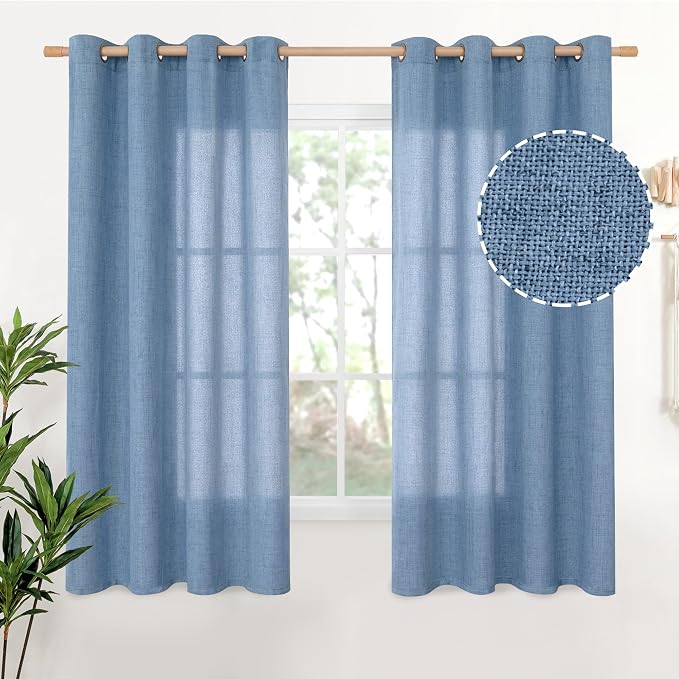YoungsTex Blue Linen Curtains 63 Inch Length 2 Panels Set- Light Filtering by YoungsTex