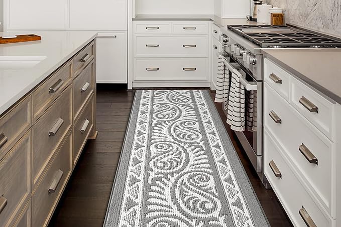 Custom Length Cut to Size Tribal Ethnic Southwestern Inspired Hallway Runner Rug, Non Slip Rubber Backed, 31 inch Wide X Customized Length, Mayan Grey, 31 inch X 14 feet