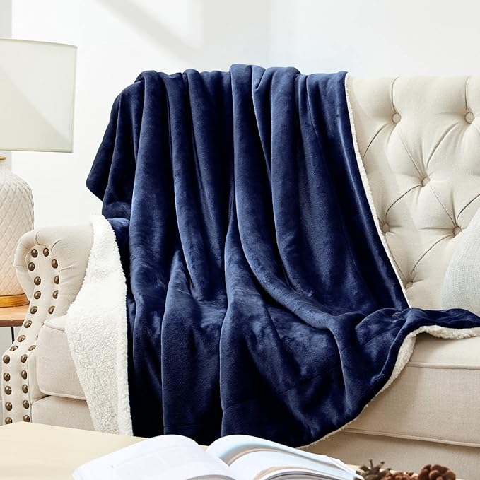 Walensee Sherpa Fleece Blanket (King Size 108”x90” Navy) Plush Throw Fuzzy Super Soft Reversible Microfiber Flannel Blankets for Couch, Bed, Sofa Ultra Luxurious Warm and Cozy for All Seasons