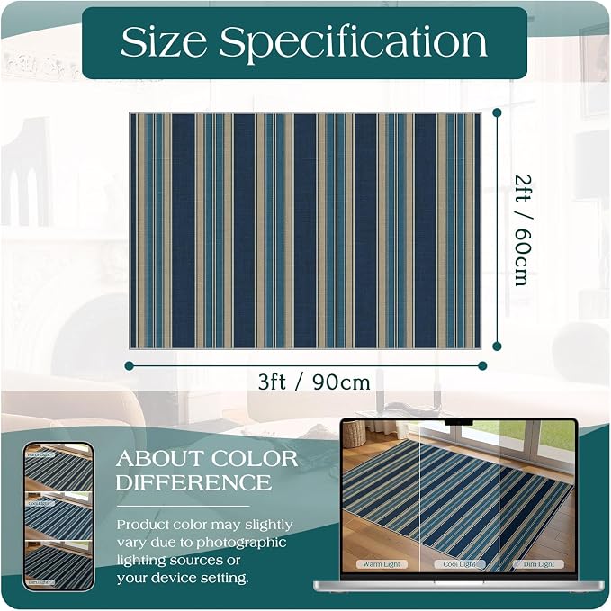 Front Door Mat Outside Entrance, 2x3 Navy Blue Coastal Striped Rug | Non-Slip - Image 8