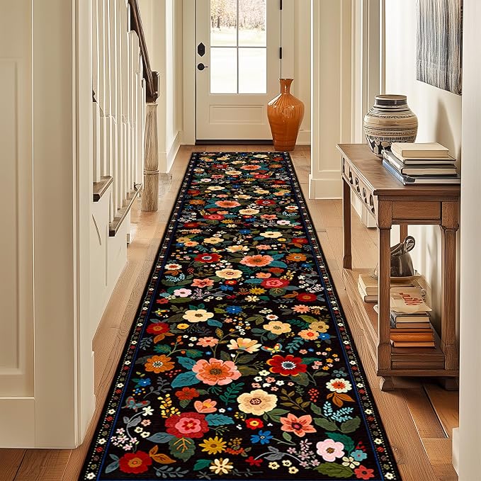 Floral Washable 2x8 Area Rugs Runner Entryway Hallway Black | Flower Carpet - Image 9