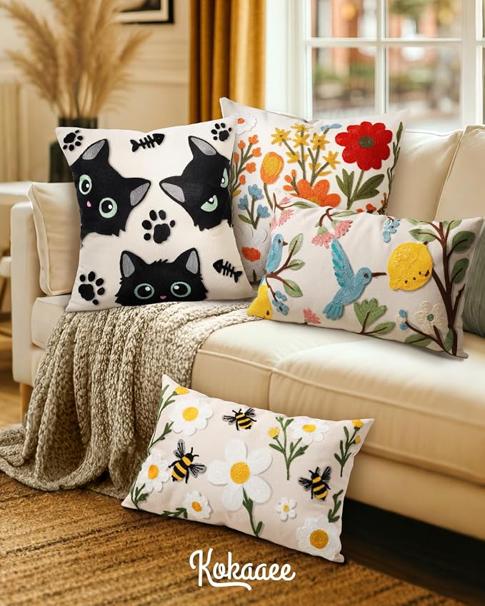 Embroidered Lumbar Pillow Cover 20x12 Inch, Flower Bee | Decorative Throw - Image 6